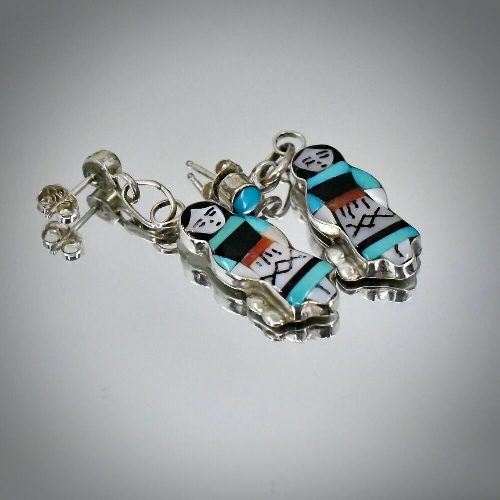 Signed Theresa Waseta Vintage Zuni Sterling Silver Inlay Pueblo Maiden Earrings